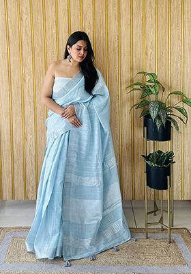Sky Blue Weaving Linen Saree Set