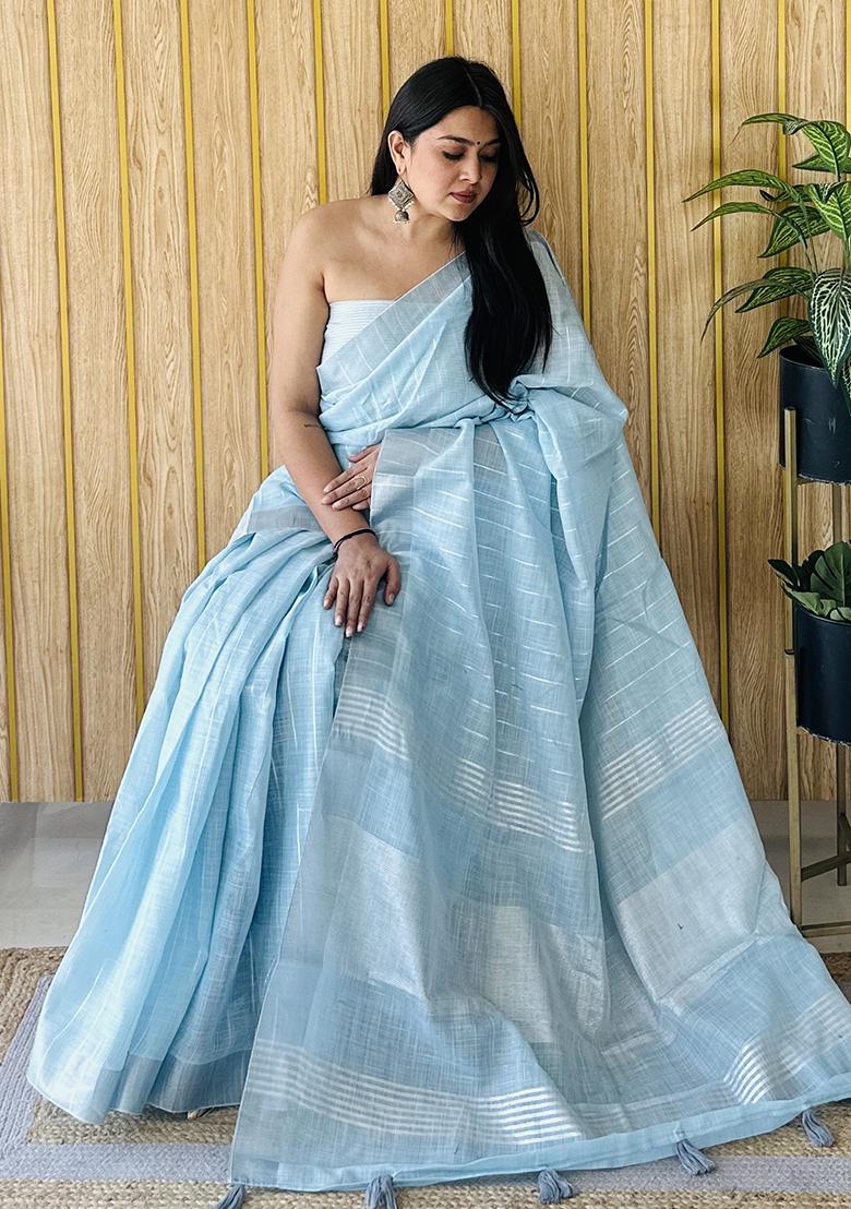Sky Blue Weaving Linen Saree Set