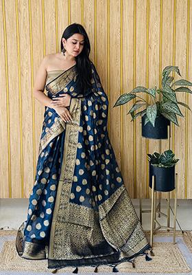 Dark Teal Weaving Silk Saree Set