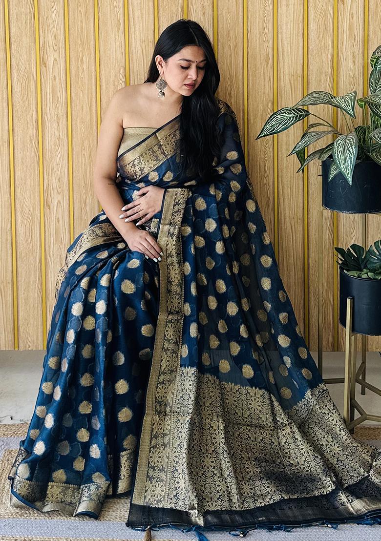 Dark Teal Weaving Silk Saree Set