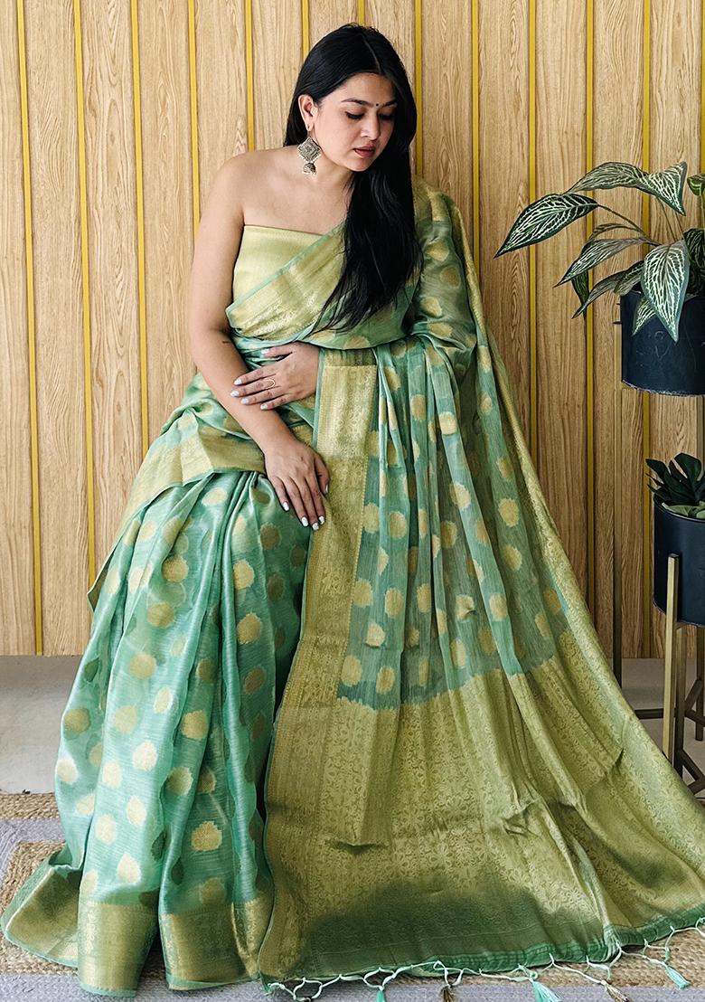 Green Weaving Silk Saree Set