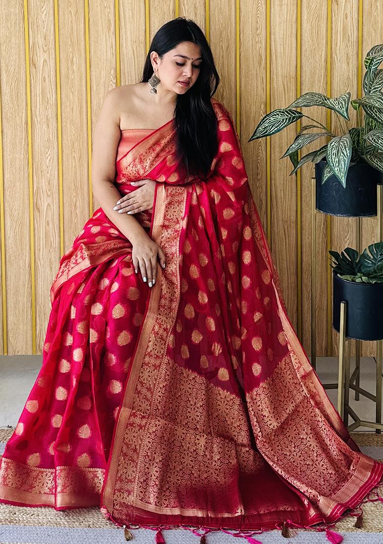 Red Weaving Silk Saree Set