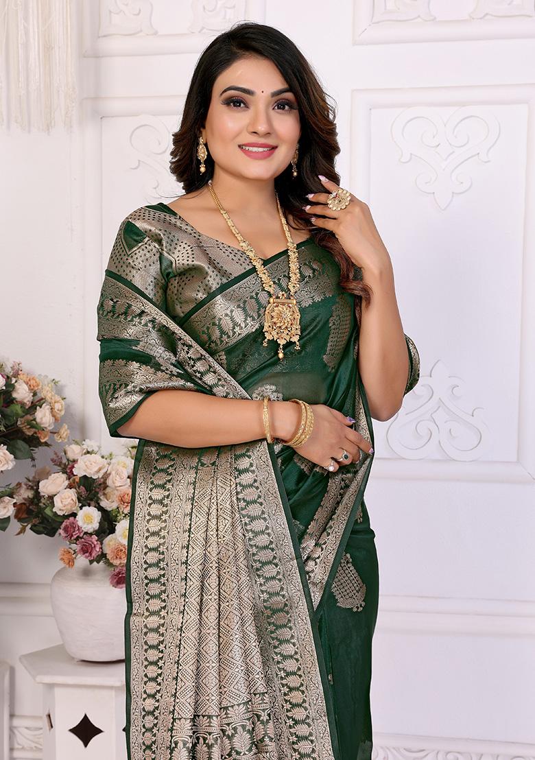 Dark Green Weaving Silk Saree Set