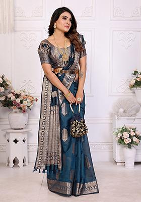 Dark Teal Weaving Silk Saree Set