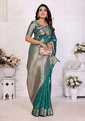 Teal Green Weaving Silk Saree Set