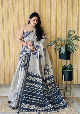 Grey  Printed Cotton Saree Set