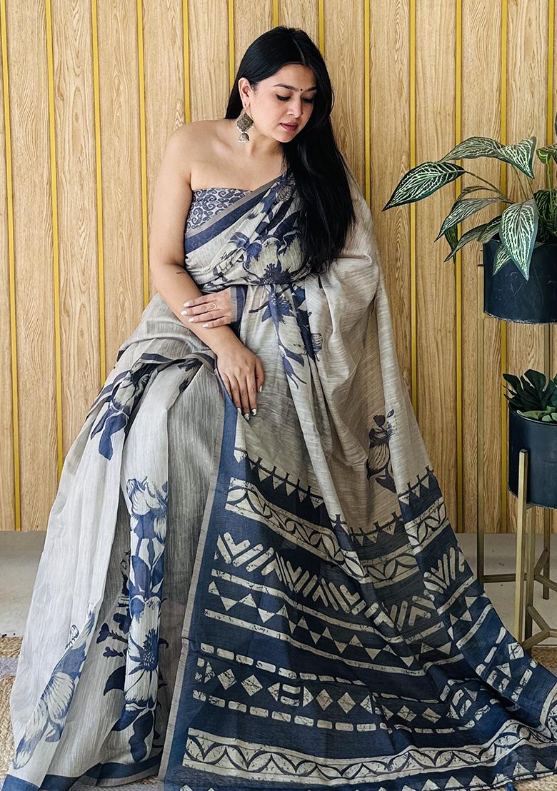 Grey  Printed Cotton Saree Set