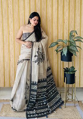 Light Beige Printed Cotton Saree Set