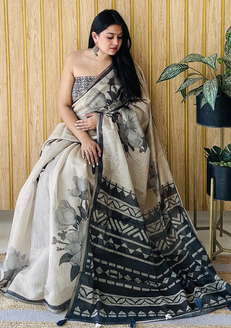 Light Beige Printed Cotton Saree Set