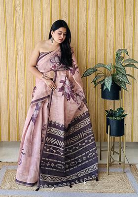 Light Pink Printed Cotton Saree Set