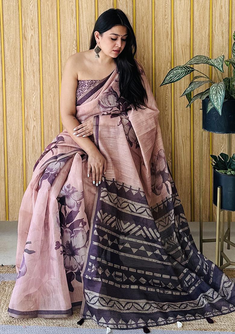 Light Pink Printed Cotton Saree Set