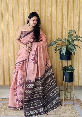 Orange Printed Cotton Saree Set