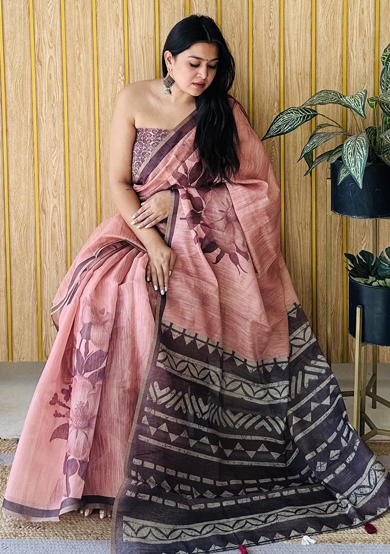 Orange Printed Cotton Saree Set