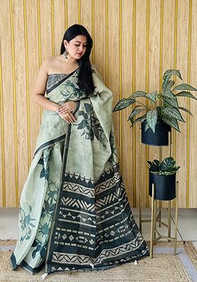 Pista Printed Cotton Saree Set