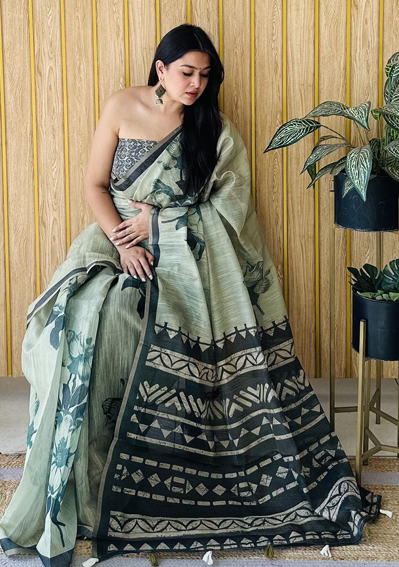 Pista Printed Cotton Saree Set