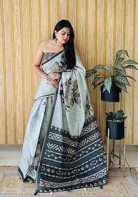 Sky Blue Printed Cotton Saree Set