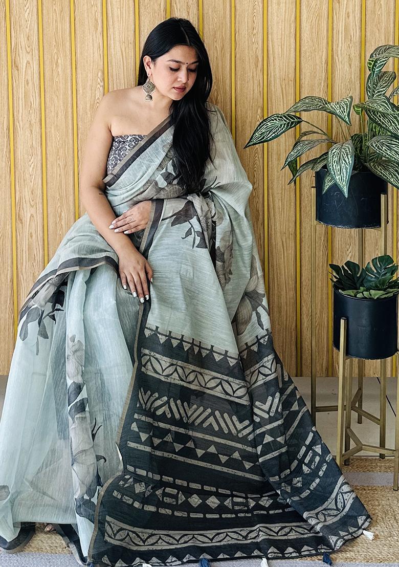 Sky Blue Printed Cotton Saree Set
