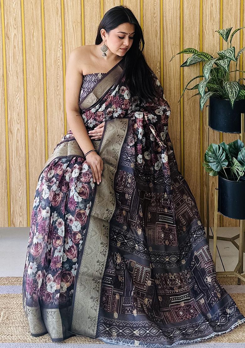 Dark Grey Printed Silk Saree Set