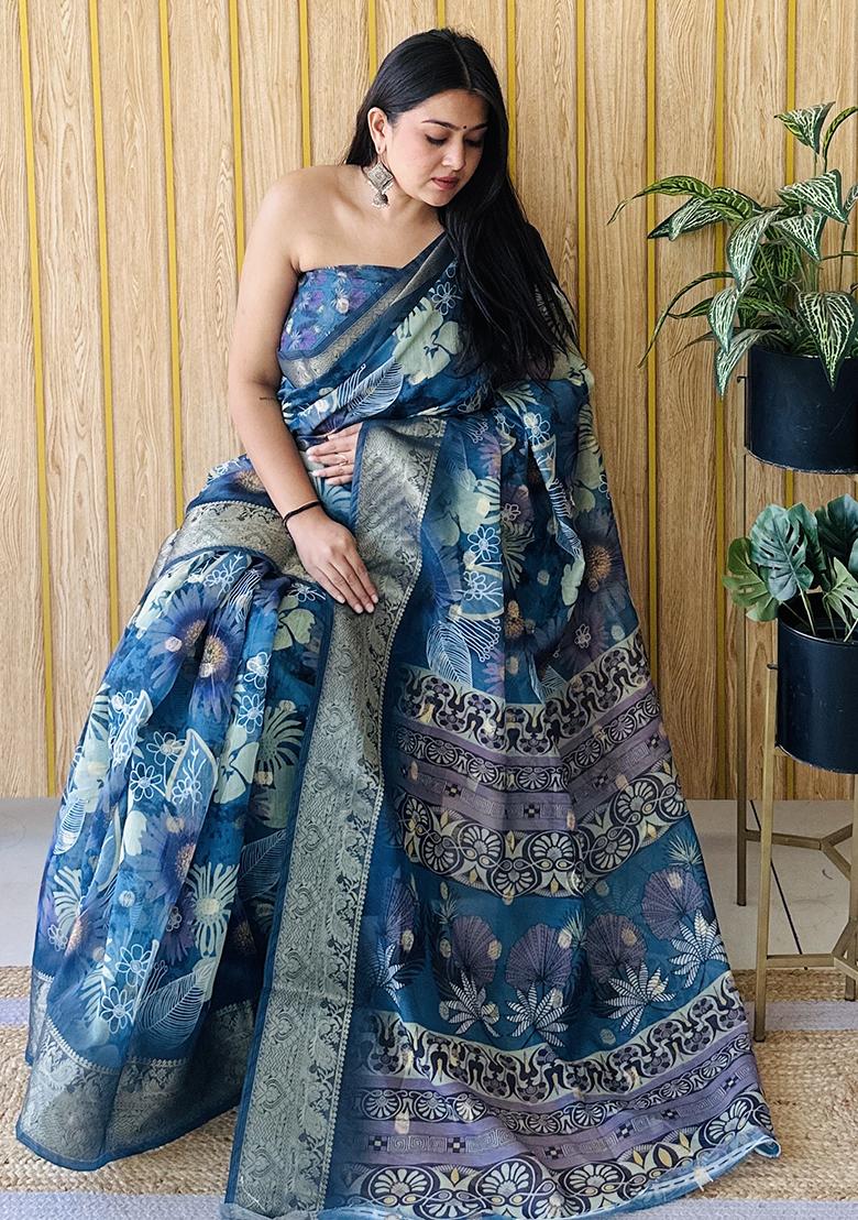 Deep Blue Printed Silk Saree Set
