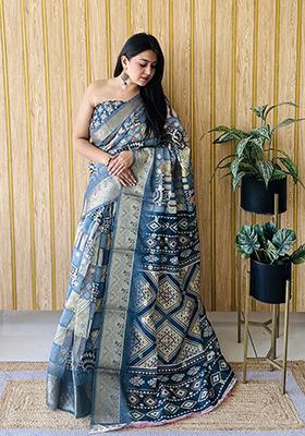 Deep Blue Printed Silk Saree Set