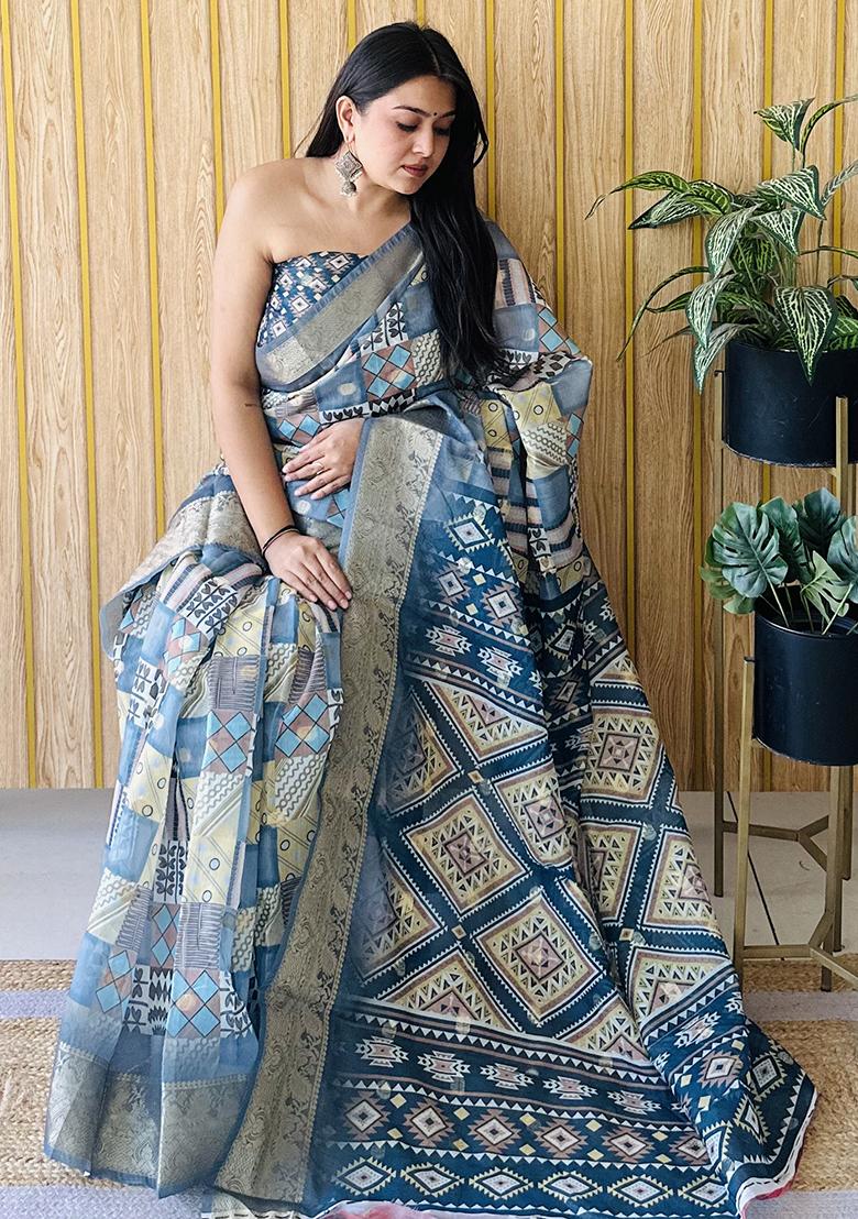 Deep Blue Printed Silk Saree Set