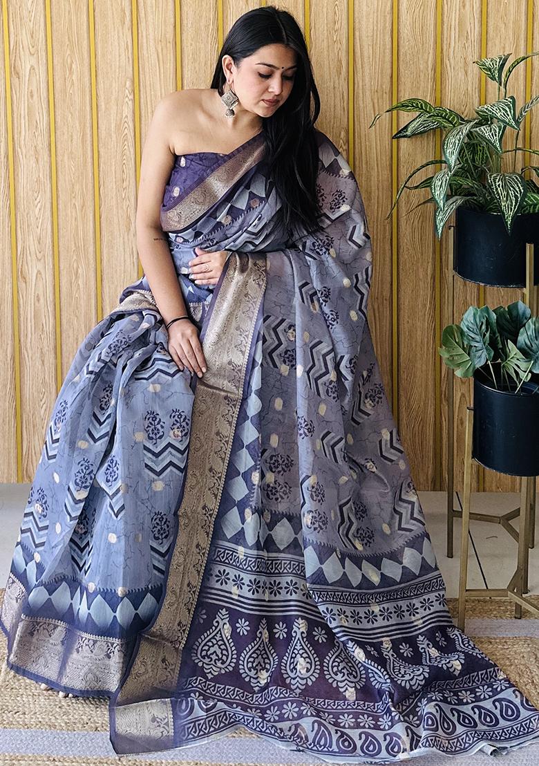 Grey  Printed Silk Saree Set