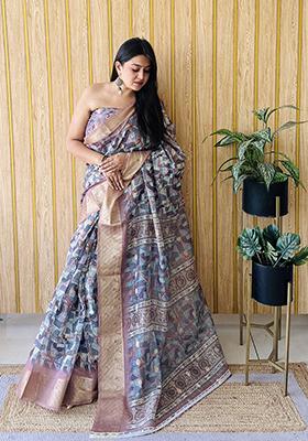 Grey  Printed Silk Saree Set