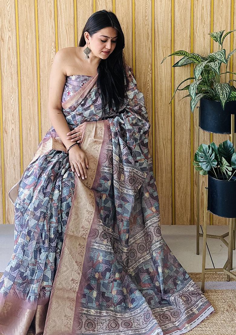 Grey  Printed Silk Saree Set