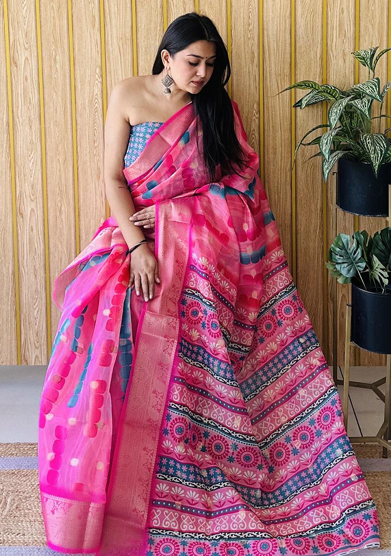 Pink Printed Silk Saree Set