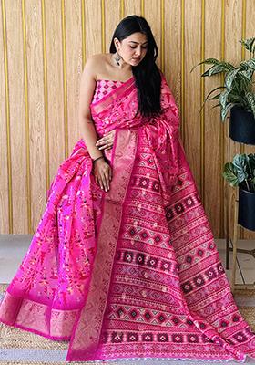 Pink Printed Silk Saree Set
