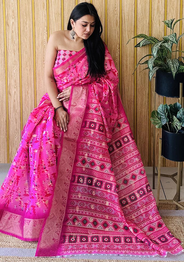 Pink Printed Silk Saree Set
