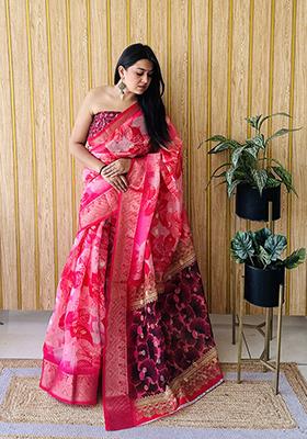 Pink Printed Silk Saree Set