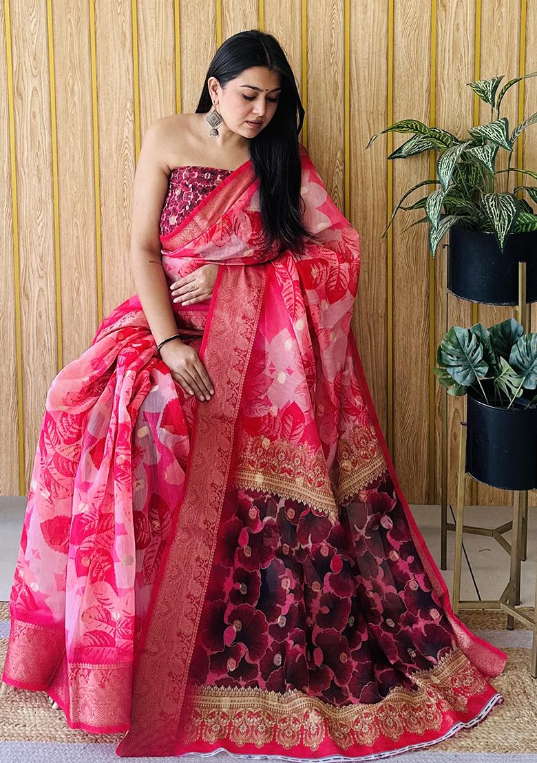 Pink Printed Silk Saree Set
