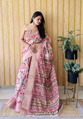 Light Pink Printed Silk Saree Set