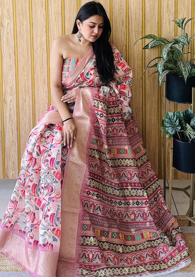 Light Pink Printed Silk Saree Set
