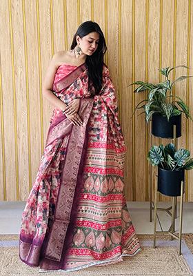 Magenta Printed Silk Saree Set