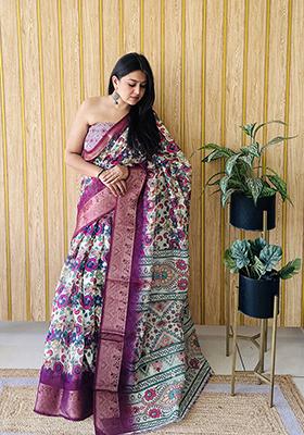 Magenta Printed Silk Saree Set