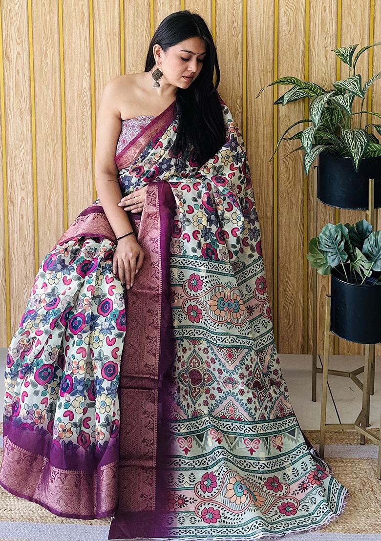 Magenta Printed Silk Saree Set