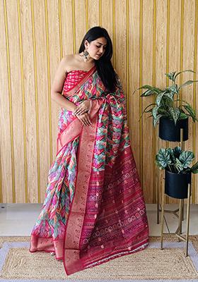 Maroon Printed Silk Saree Set