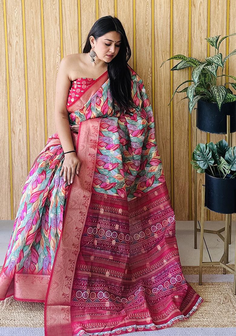 Maroon Printed Silk Saree Set