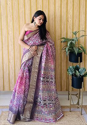 Purple Printed Silk Saree Set
