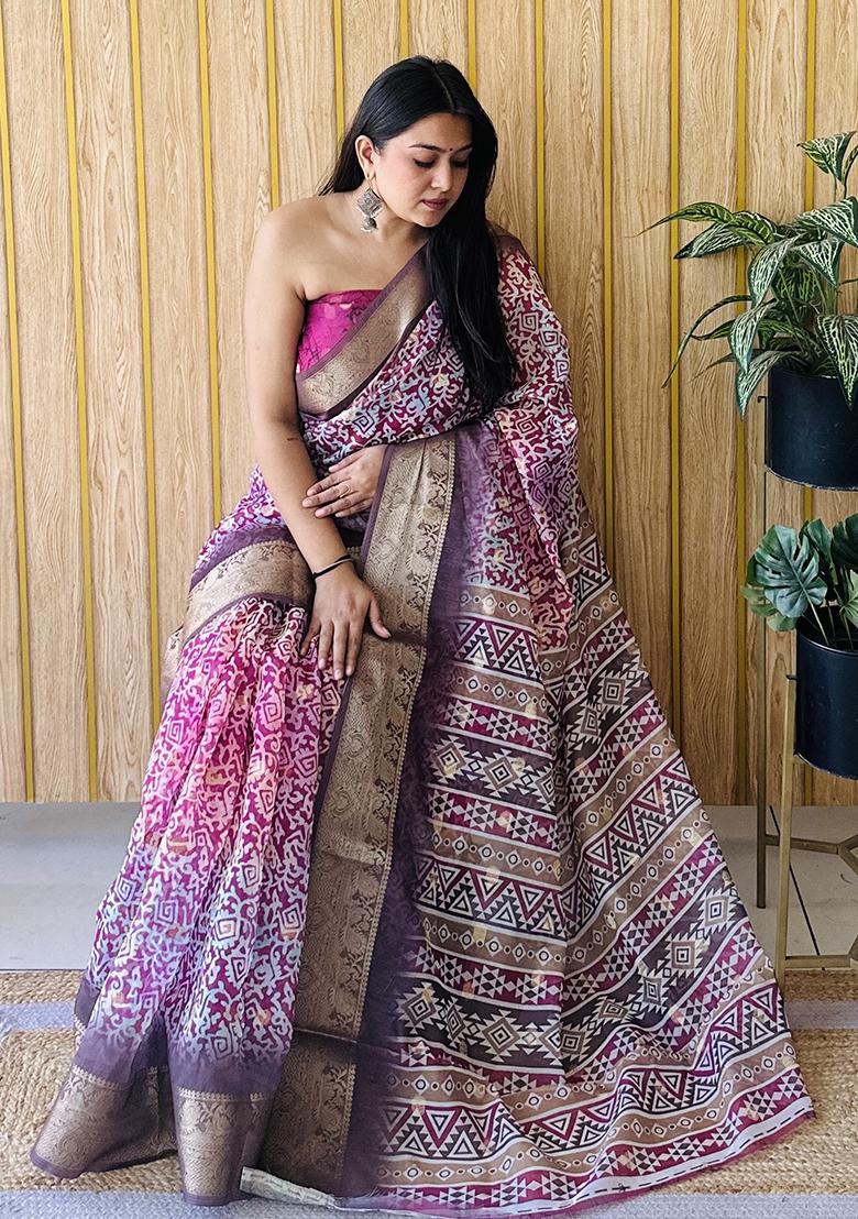 Purple Printed Silk Saree Set