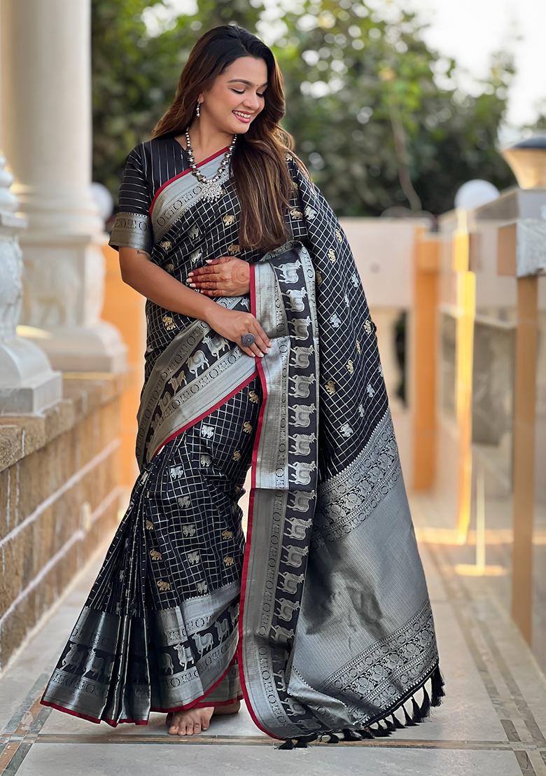 Black Weaving Silk Saree Set