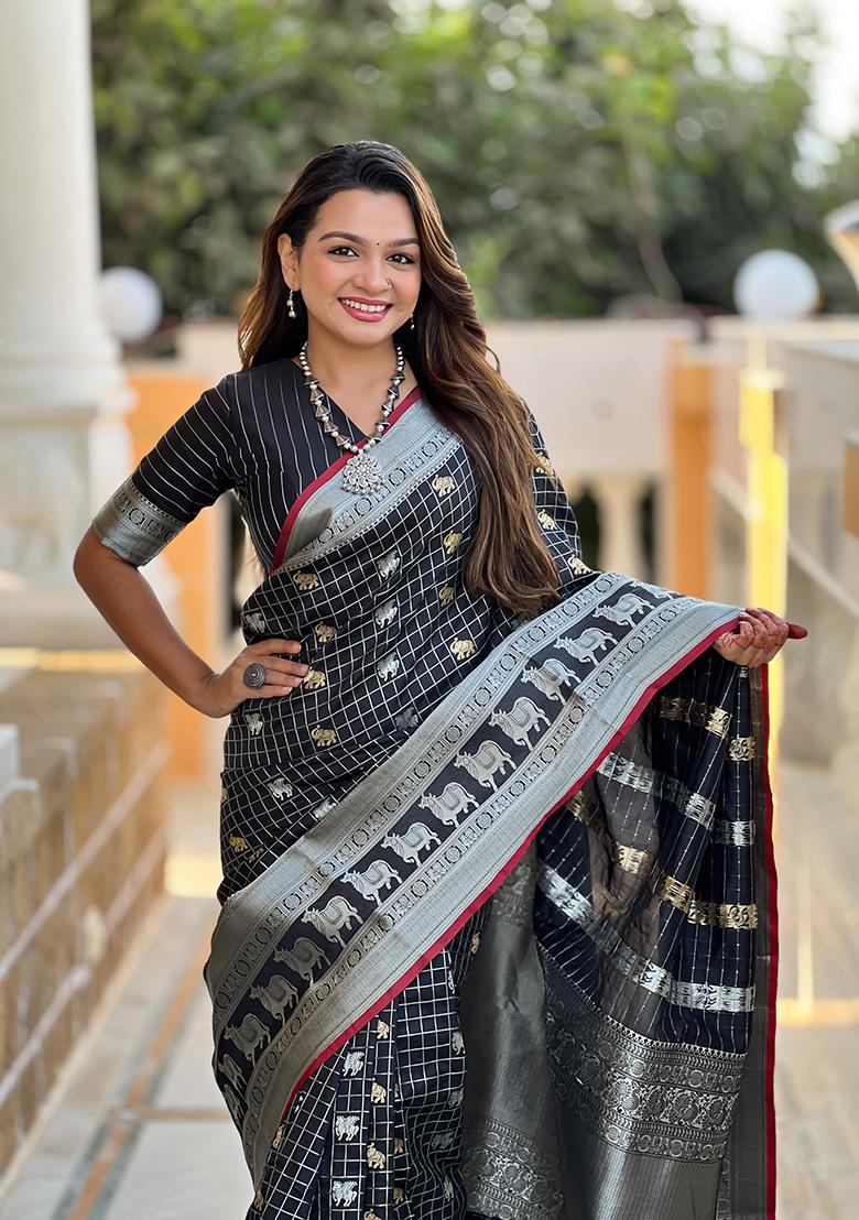 Black Weaving Silk Saree Set