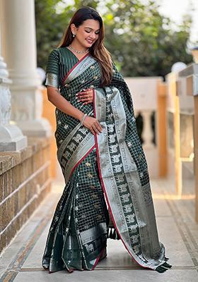 Dark Green Weaving Silk Saree Set
