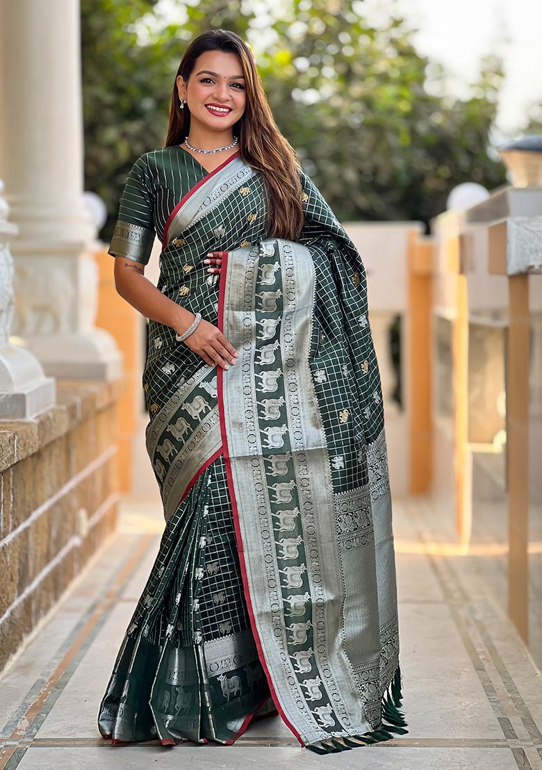 Dark Green Weaving Silk Saree Set