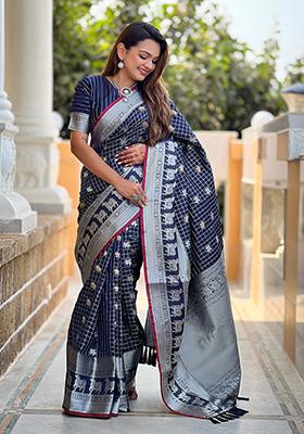Navy Blue  Weaving Silk Saree Set