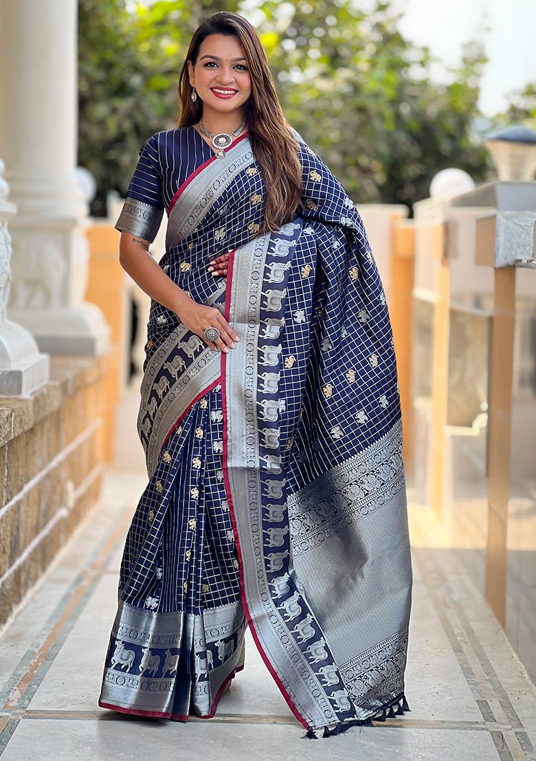 Navy Blue  Weaving Silk Saree Set