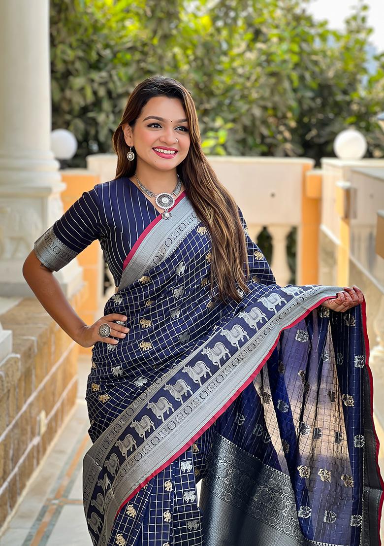 Navy Blue  Weaving Silk Saree Set