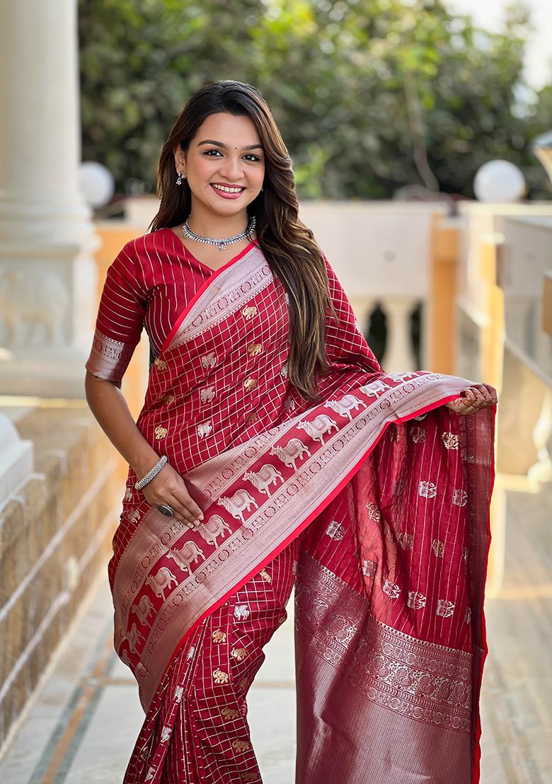 Red Weaving Silk Saree Set